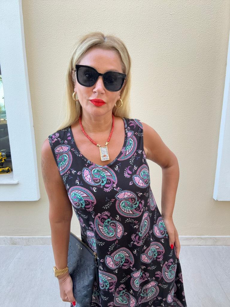 Nelsa Siyah-Mor Desenli Elbise