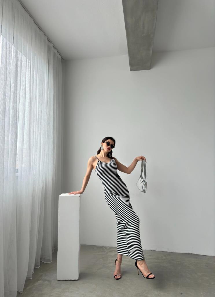 Odde Kadın Askılı Siyah Çizgili Elbise