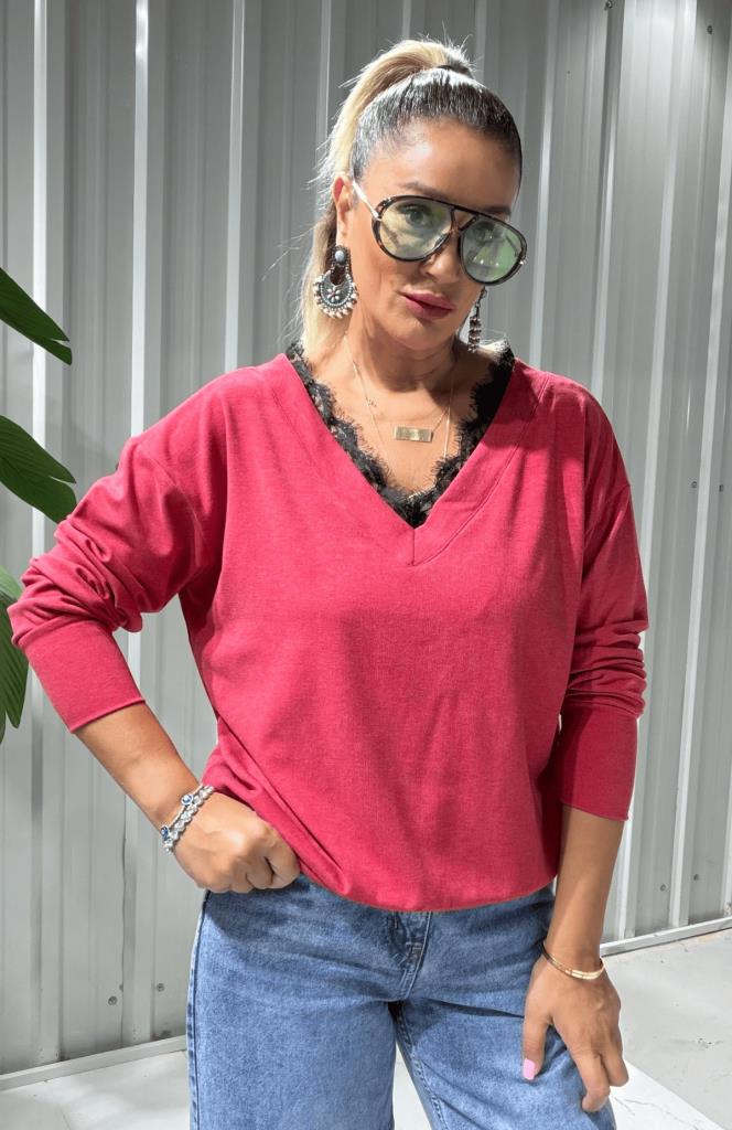 Paris Lace Dantelli Modal Triko Kırmızı