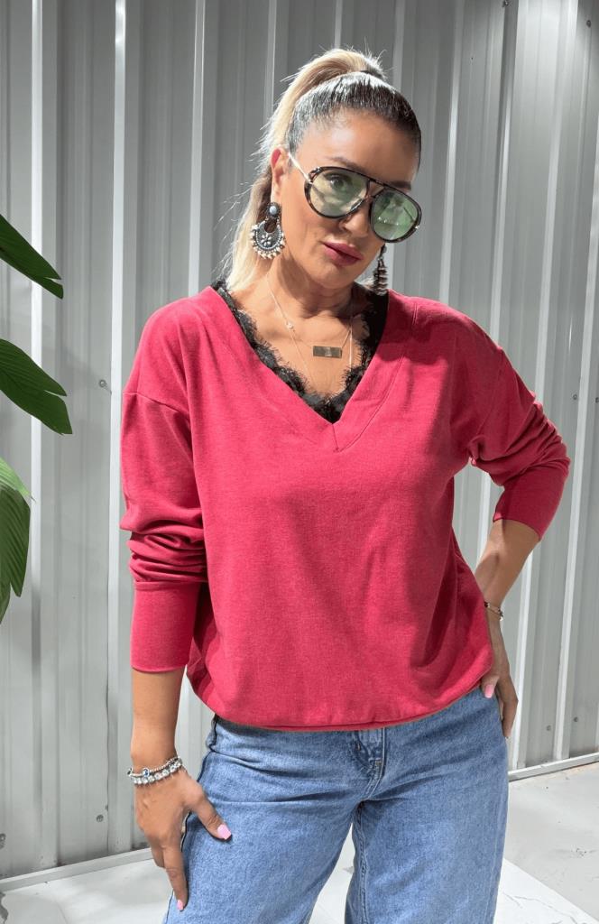 Paris Lace Dantelli Modal Triko Kırmızı