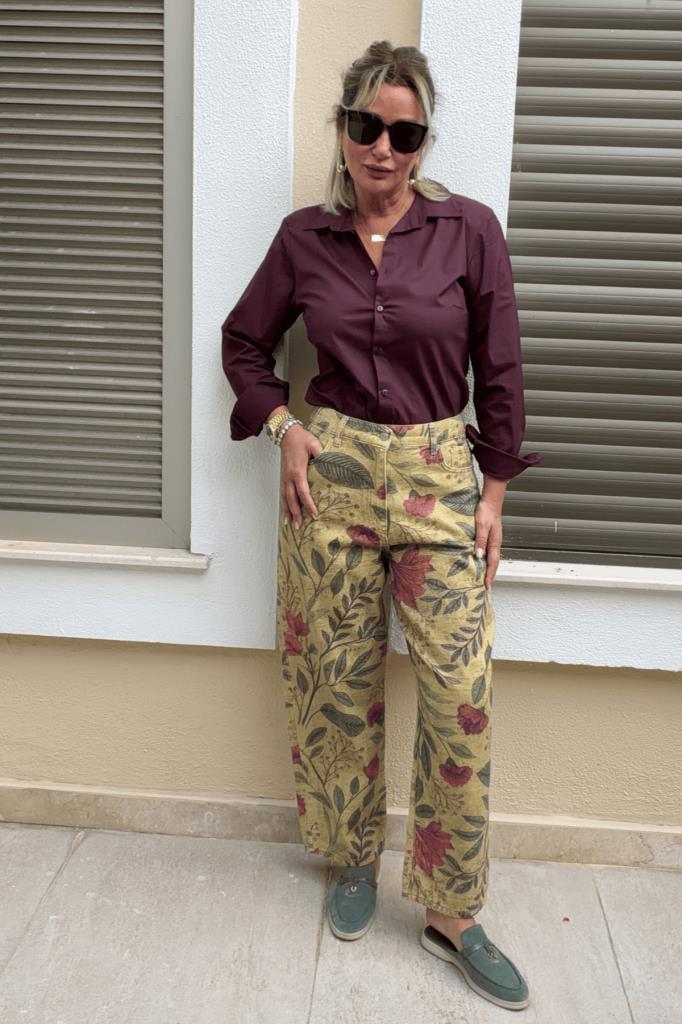 Phoebe Çiçek Desenli İthal Tensel Pantolon Yeşil