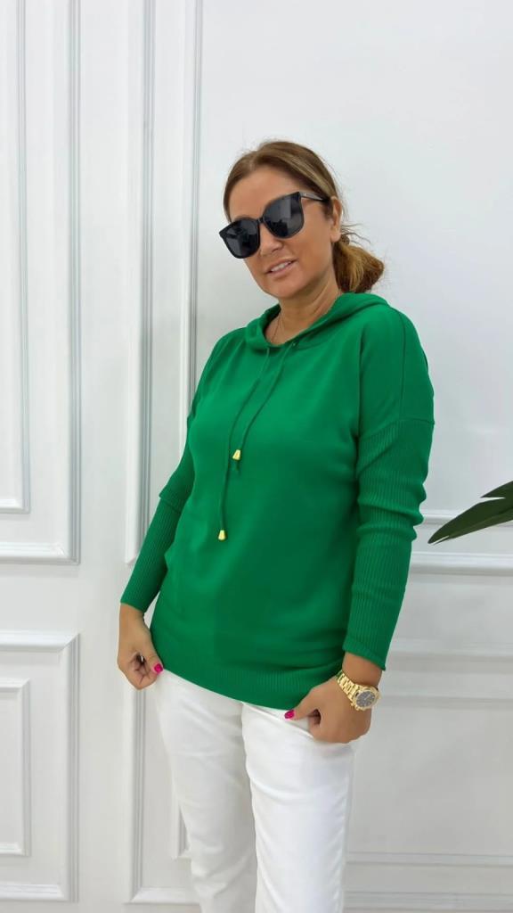 Teal Kadın Yeşil Kapüşonlu Triko