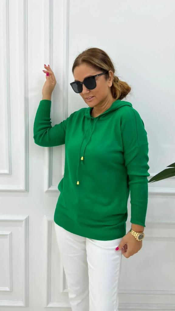 Teal Kadın Yeşil Kapüşonlu Triko