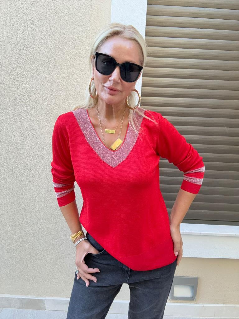 Tores V Yaka Simli Kırmızı Triko