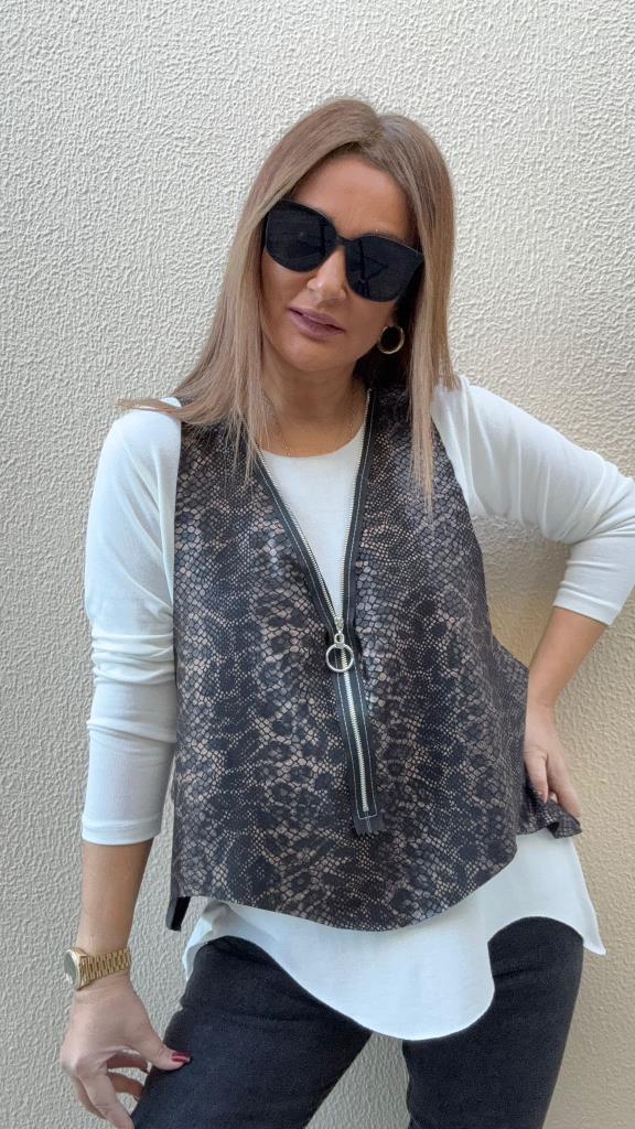 Yılan Desenli Ekru Yelekli Bluz