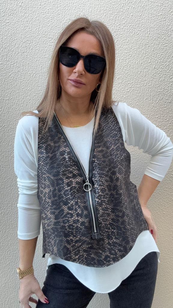 Yılan Desenli Ekru Yelekli Bluz