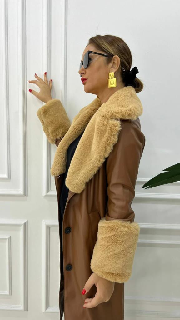 Zelda Kadın Taba Yaka Peluş Deri Trench